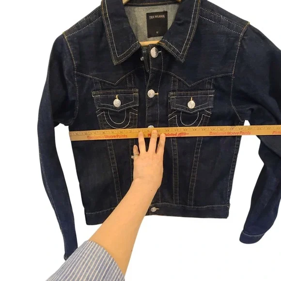 True Religion Jacket Womens XL Dark‎ Wash Jimmy Denim Trucker Flap Pockets - Picture 3 of 10